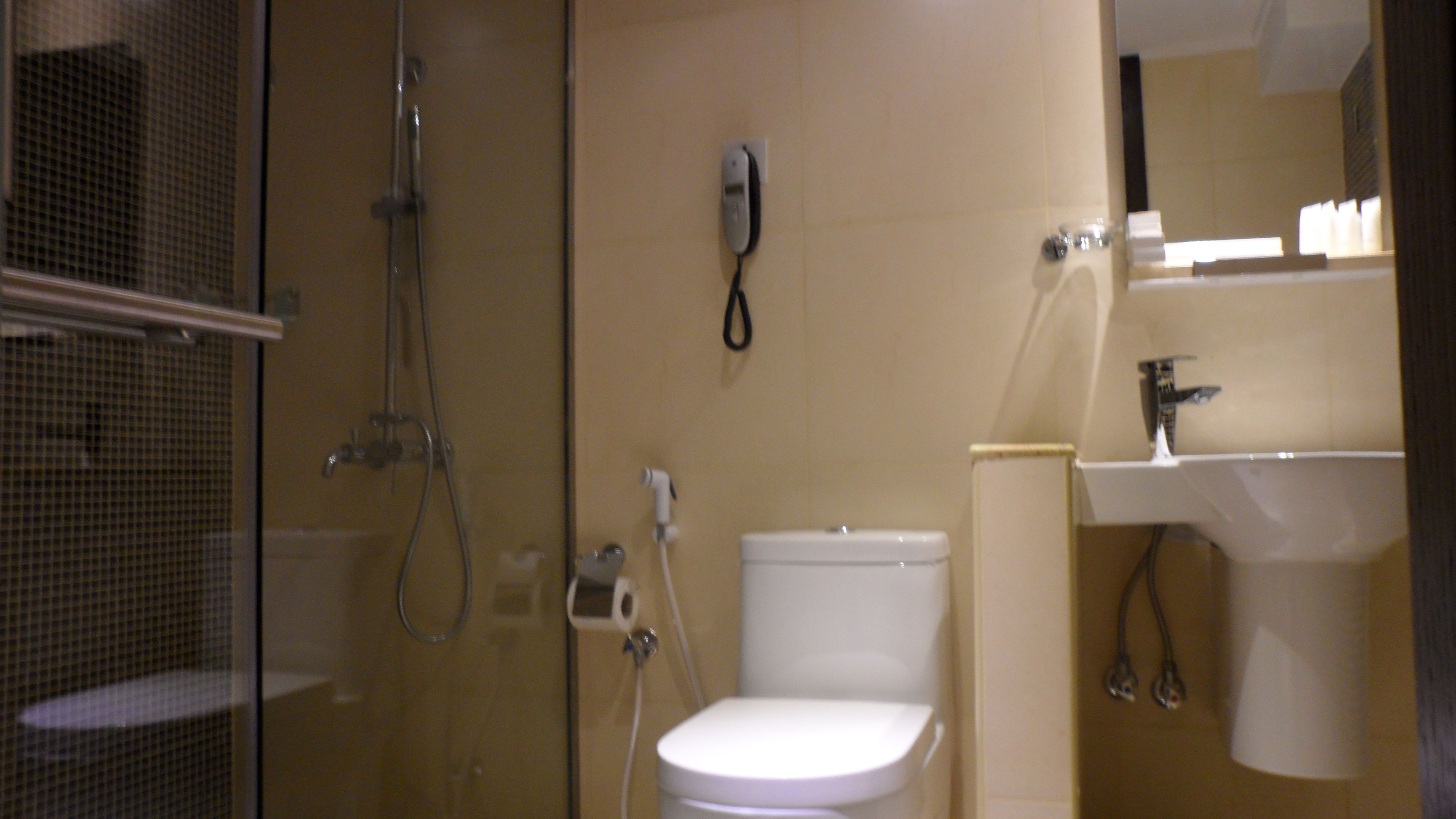 A bathroom with a glass-enclosed shower, a toilet, and a sink.