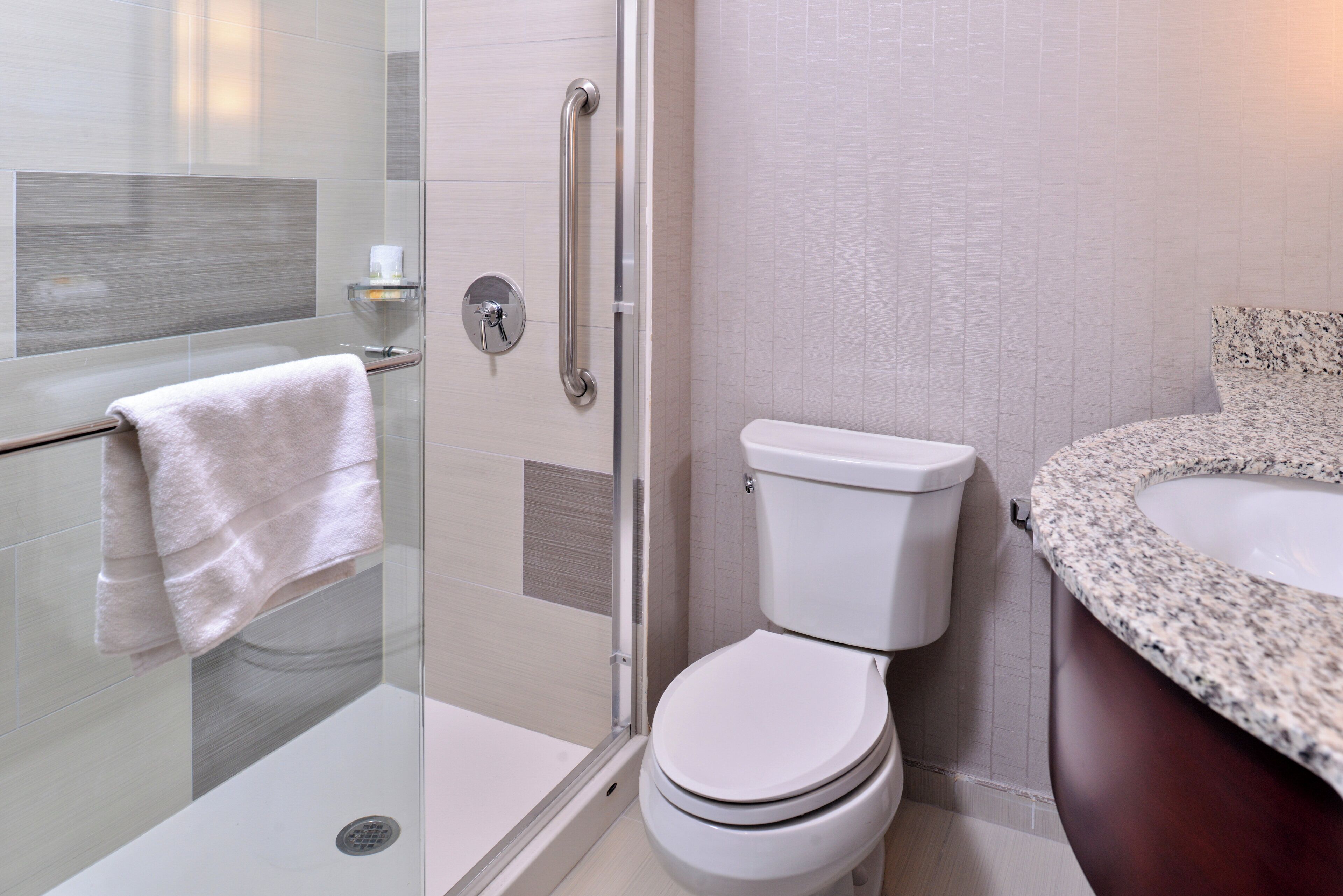 A modern bathroom with a glass shower enclosure, a white toilet, and a granite countertop sink.