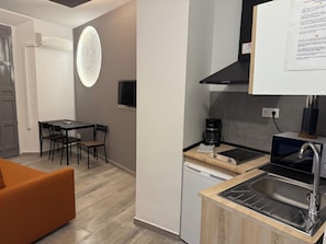 Apartamento, 1 habitación, balcón | Cocina privada | Frigorífico grande, microondas, placa de cocina y cafetera o tetera