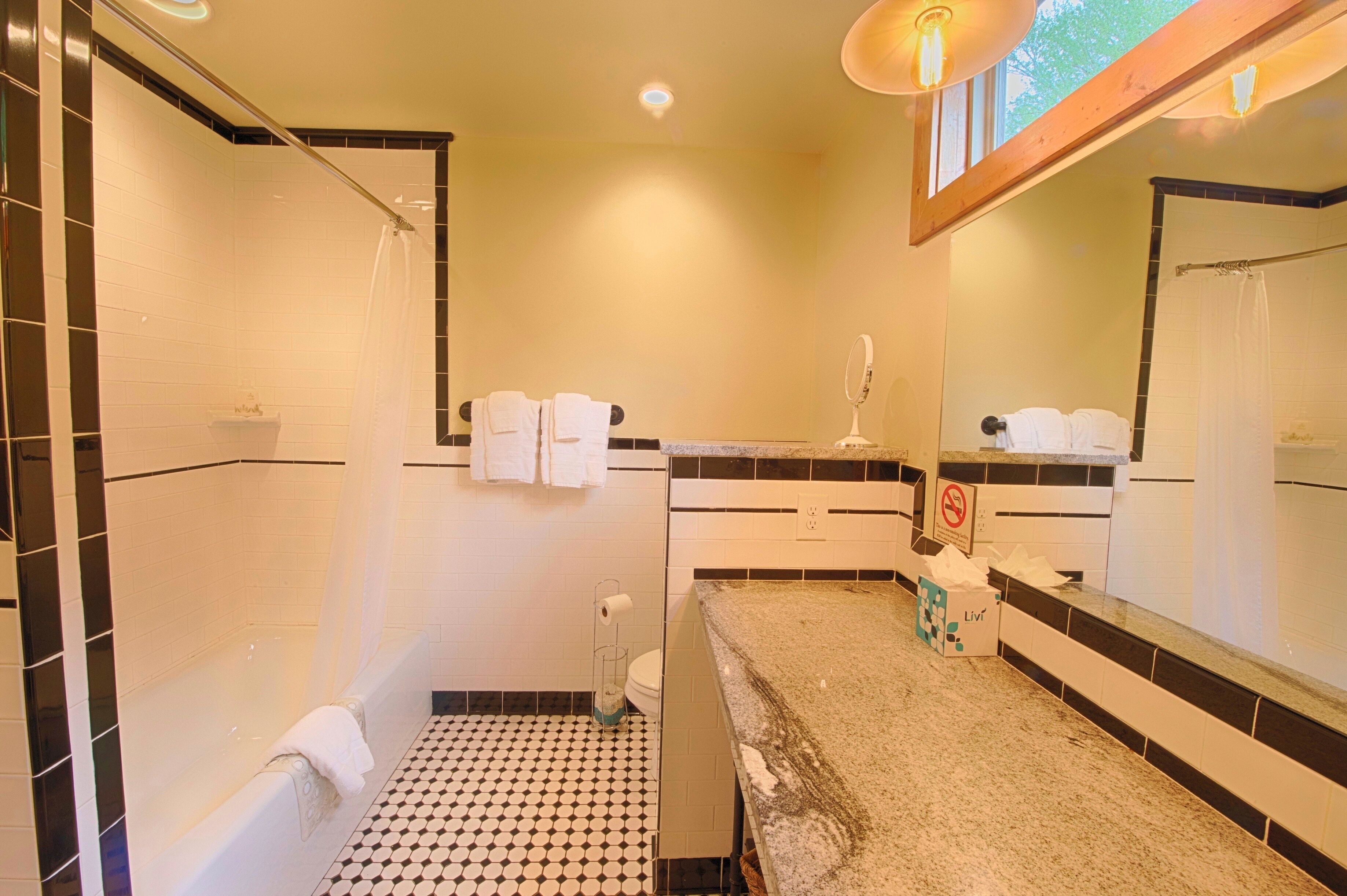 A bathroom with a bathtub, a shower, a toilet, and a sink. There are towels hanging on the wall and a box of tissues on the counter.