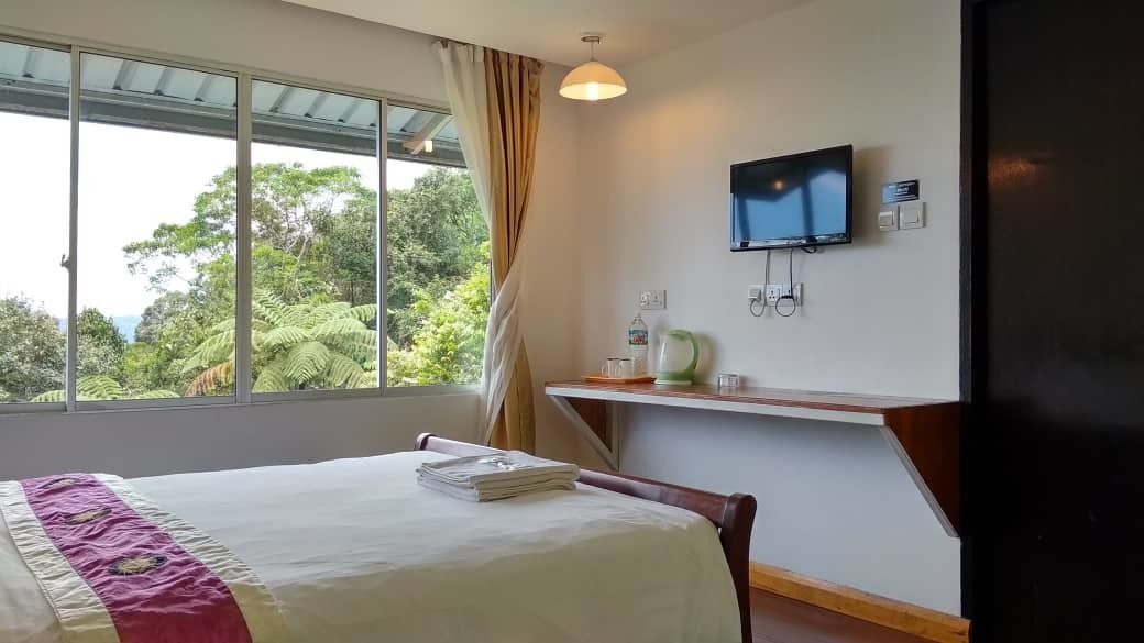 Habitación de hotel con cama, televisor montado en la pared, una mesita con una botella de agua y vasos, y ventana con cortinas.