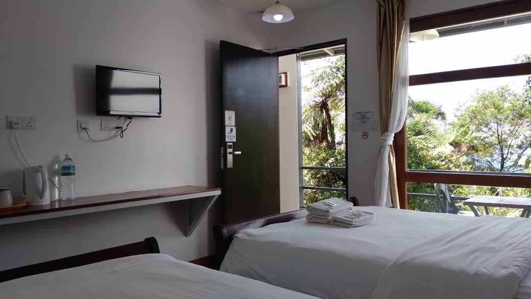 Una camera d'albergo con un letto, una TV a muro, una finestra vista verde e una porta che dà su uno spazio all'aperto.