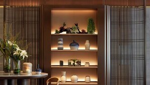 Un interior moderno con una estantería central que exhibe objetos decorativos, flanqueada por persianas verticales.