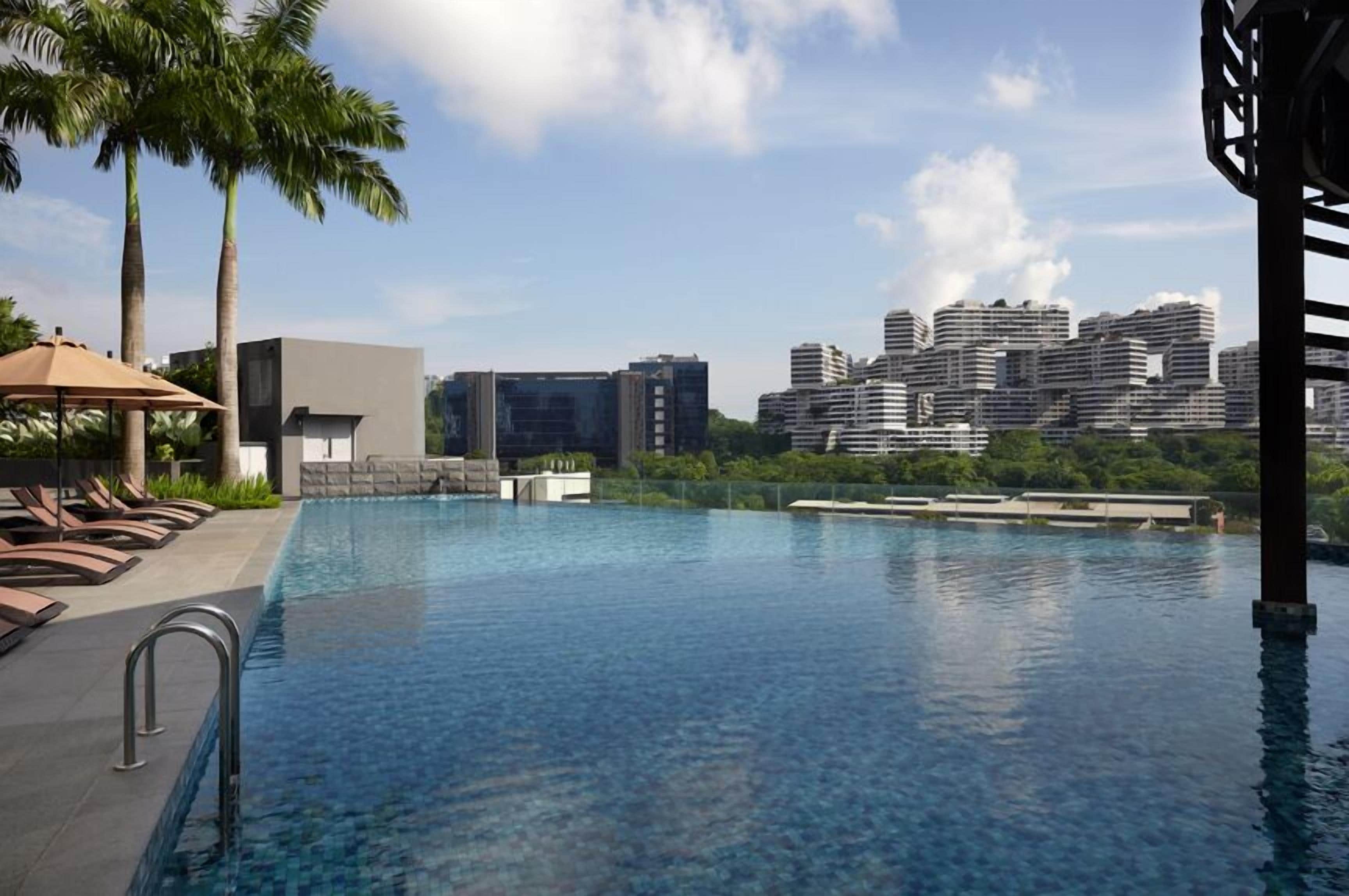 outdoor pool, pool umbrellas, pool loungers