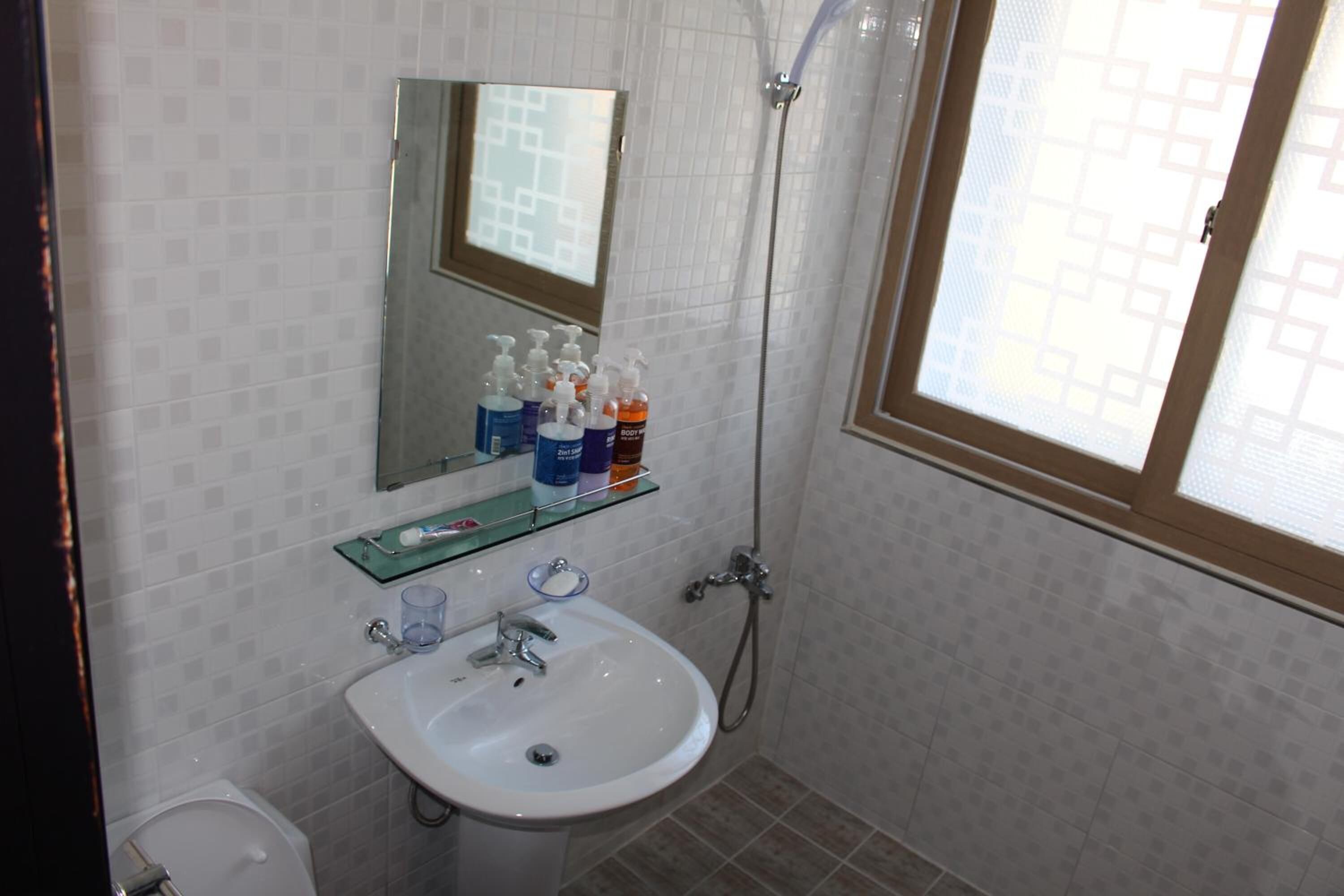 Kylpyhuone, jossa on valkoinen pesuallas, peili, lasihylly, jossa on hygieniatuotteita, ja suihku.
