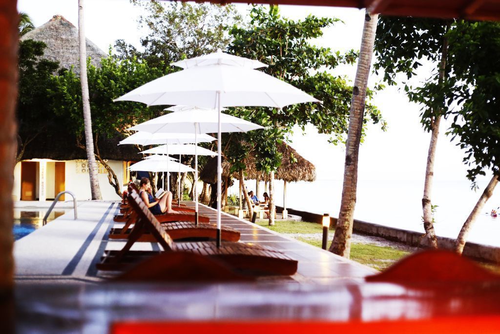 A poolside area with lounge chairs and umbrellas, surrounded by palm trees and a thatched-roof building.
