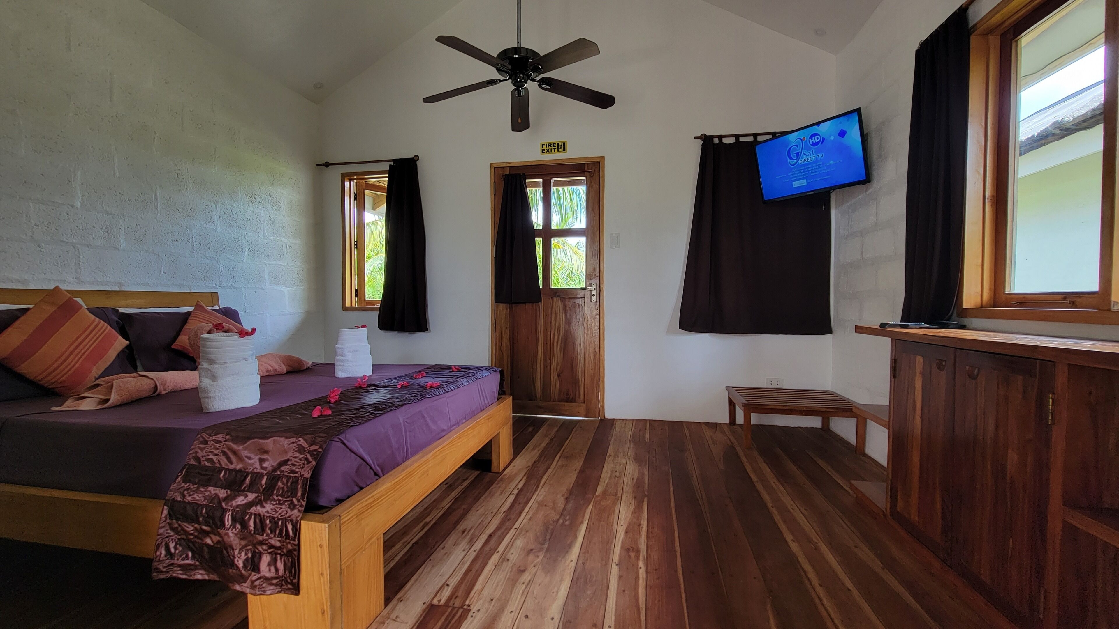 A bedroom with a bed, a ceiling fan, a TV, and a wooden door.