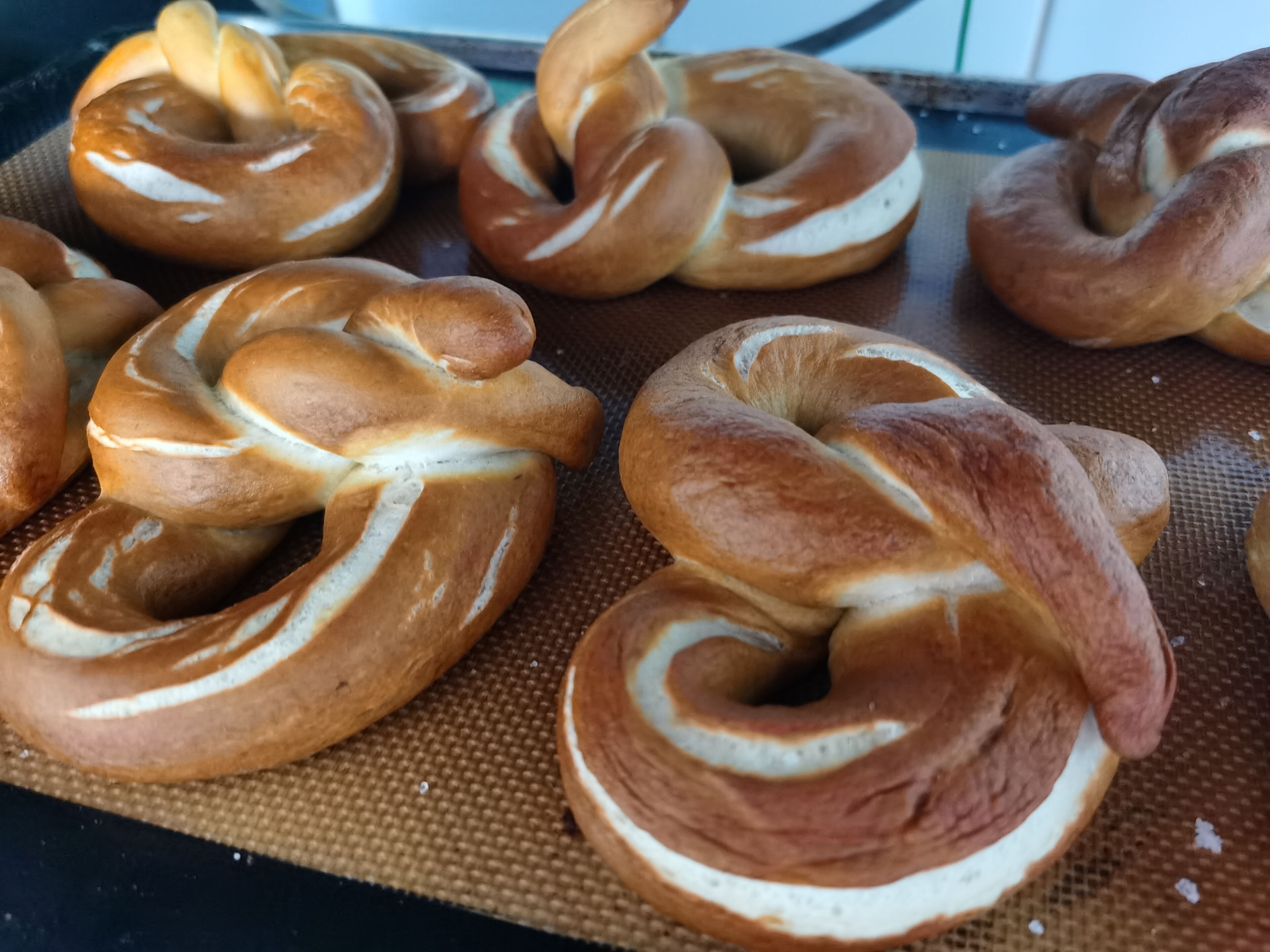 Une plaque de petits pains en forme de bretzel, dotés d’une croûte brillante, dorée et d’une mie blanche, posée sur une surface texturée.