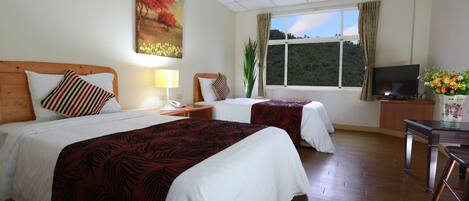 Habitación de hotel con dos camas, televisión, escritorio y ventana con vista a árboles.