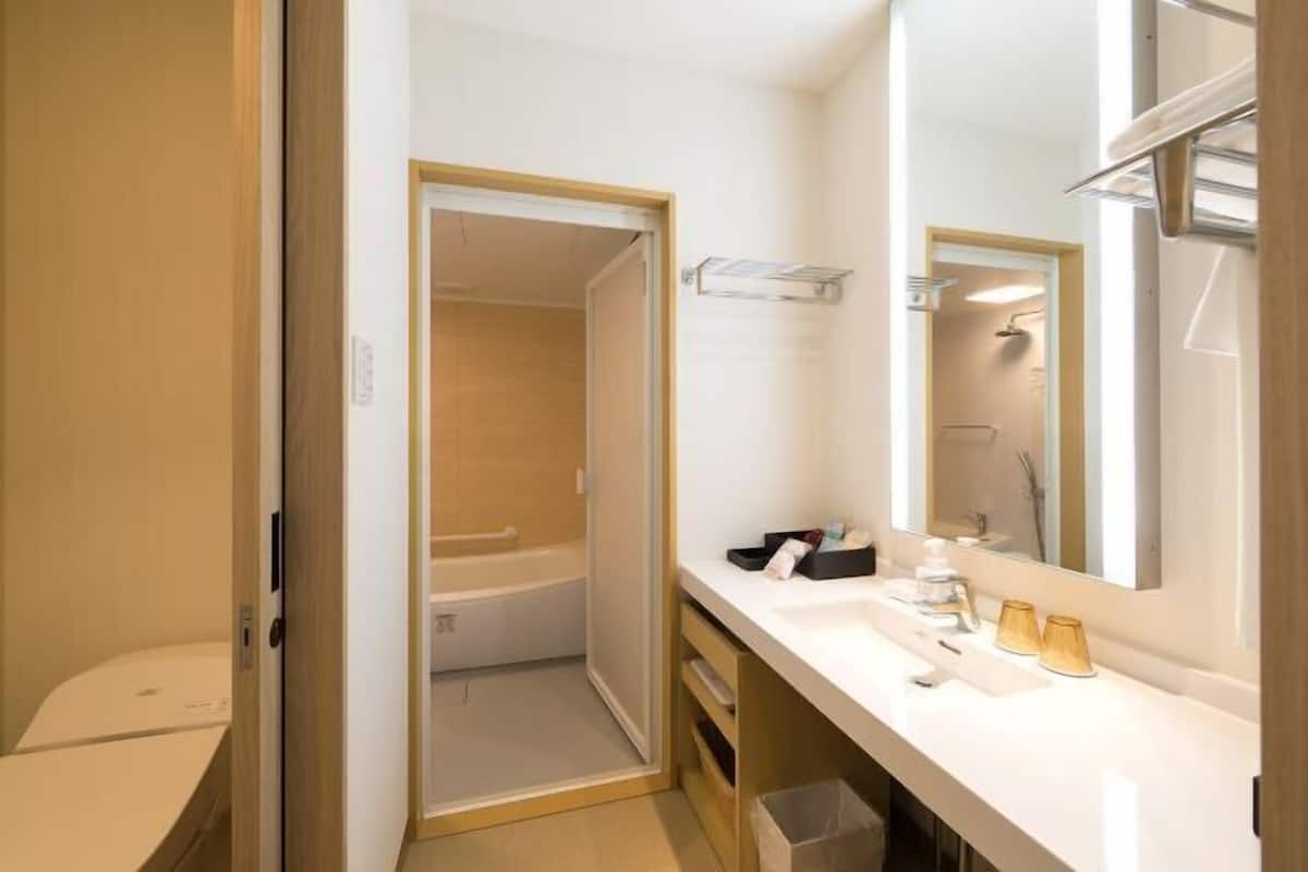 Shower, free toiletries, hair dryer, slippers