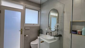 Shower, hair dryer, bidet, towels