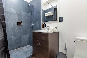 Dusche, Haartrockner, Handtücher, Seife