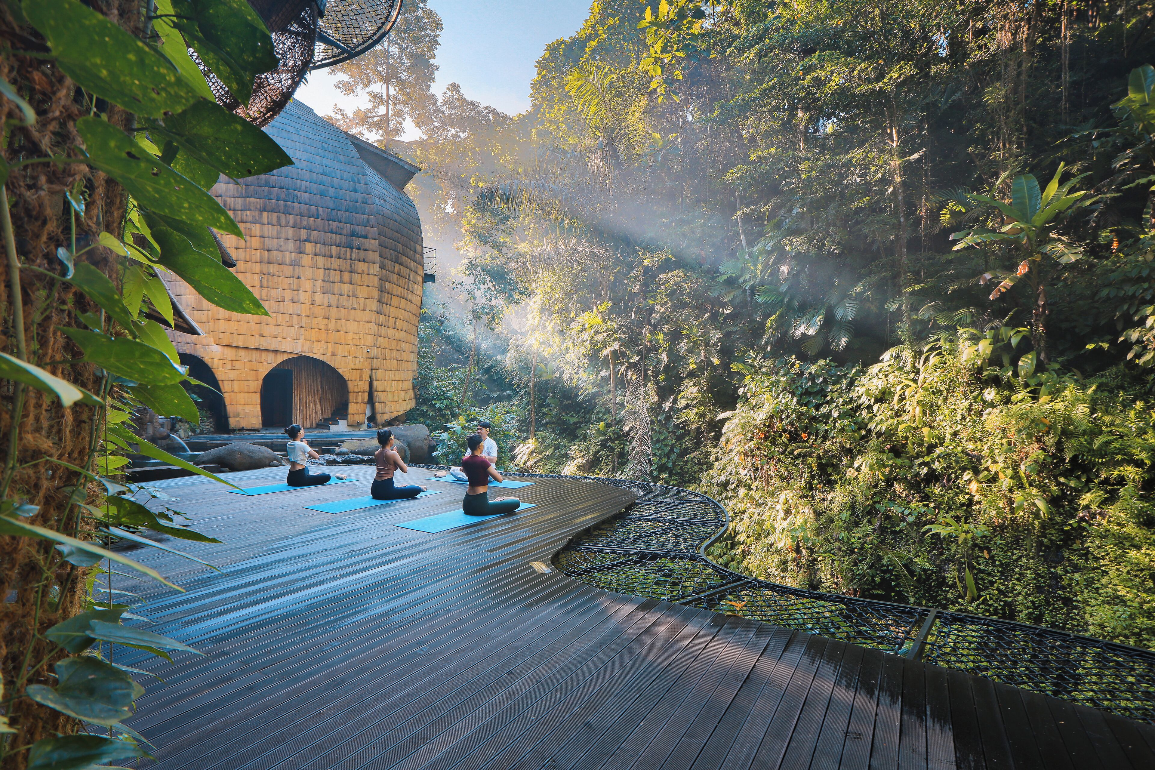 A wooden deck with people practicing yoga, surrounded by lush greenery and a building with a dome structure.