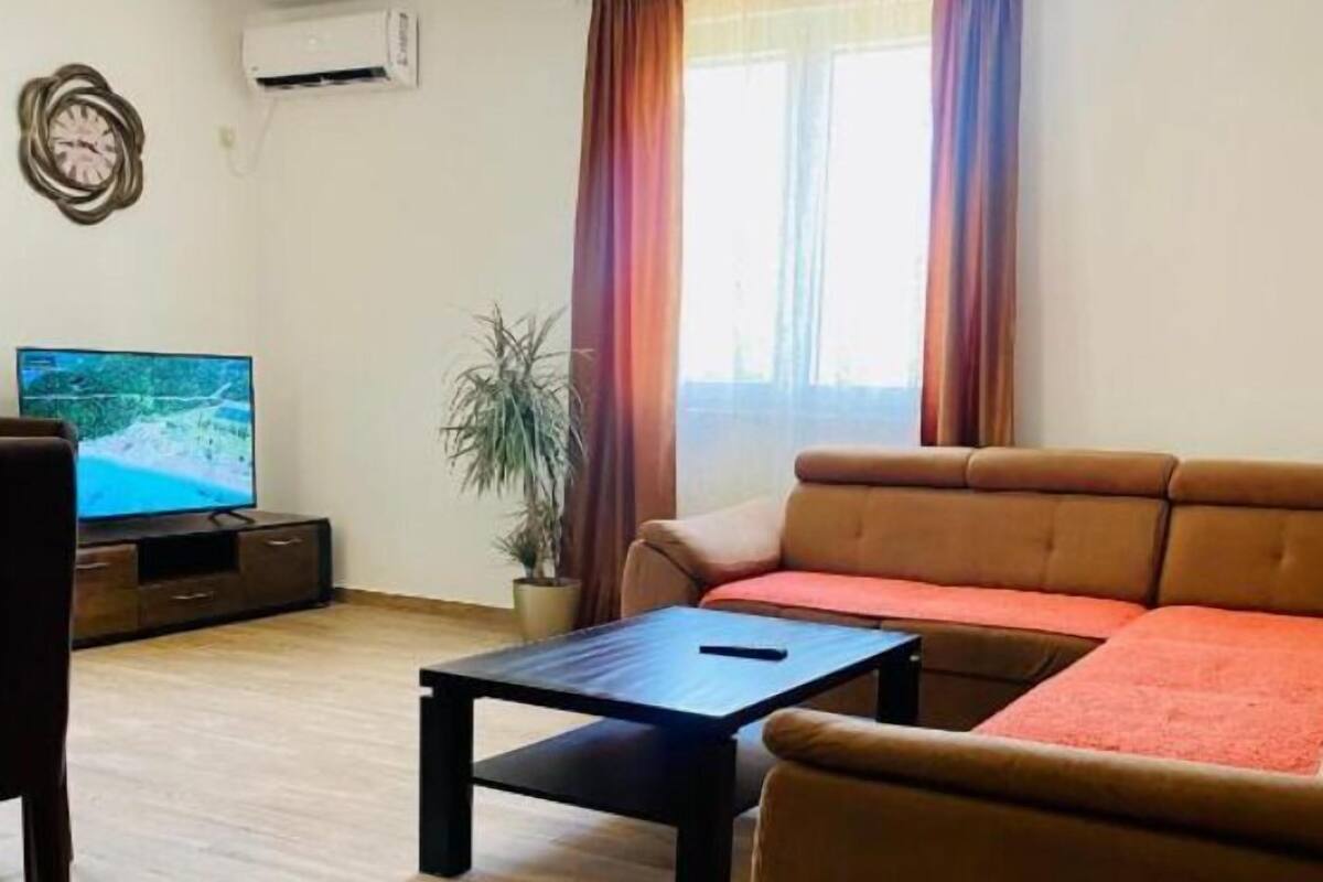 Ein Wohnzimmer mit einer Couch, einem Couchtisch, einem Fernseher und einer Zimmerpflanze.