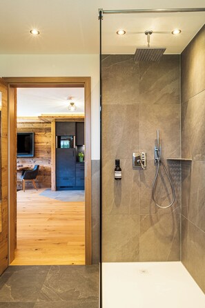 A modern bathroom with a glass shower enclosure, a built-in toilet, and a vanity with a mirror.