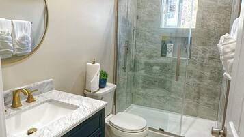 Shower, hair dryer, towels, soap