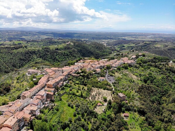 A hillside village with terraced buildings, narrow roads, and lush greenery.