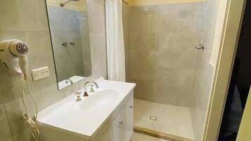 Rainfall showerhead, hair dryer, towels