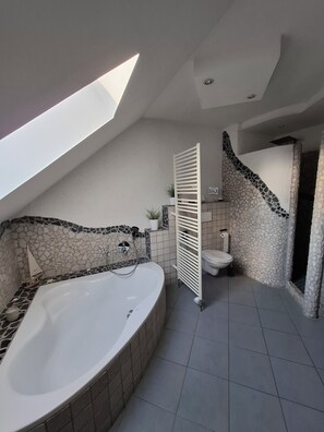 Chuveiro, secador de cabelo, roupões de banho, chinelos