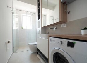 Shower, hair dryer, towels