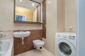 Shower, hair dryer, shampoo