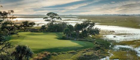 Campo de golf con un cuerpo de agua al fondo, rodeado de árboles y vegetación.