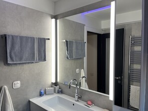 Jetted tub, hair dryer, bidet, towels