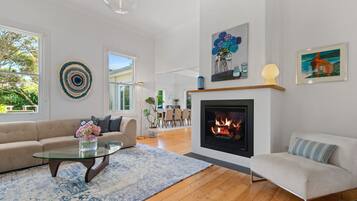 Smart TV, chimenea y libros