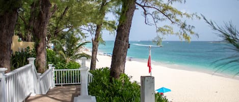 On the beach, sun-loungers, beach towels