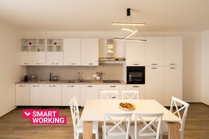 Fridge, oven, dishwasher, cookware/dishes/utensils
