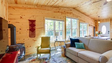 TV, fireplace, books