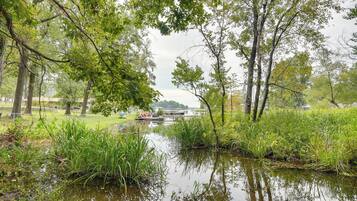 A serene park with a pond, surrounded by trees and grass.