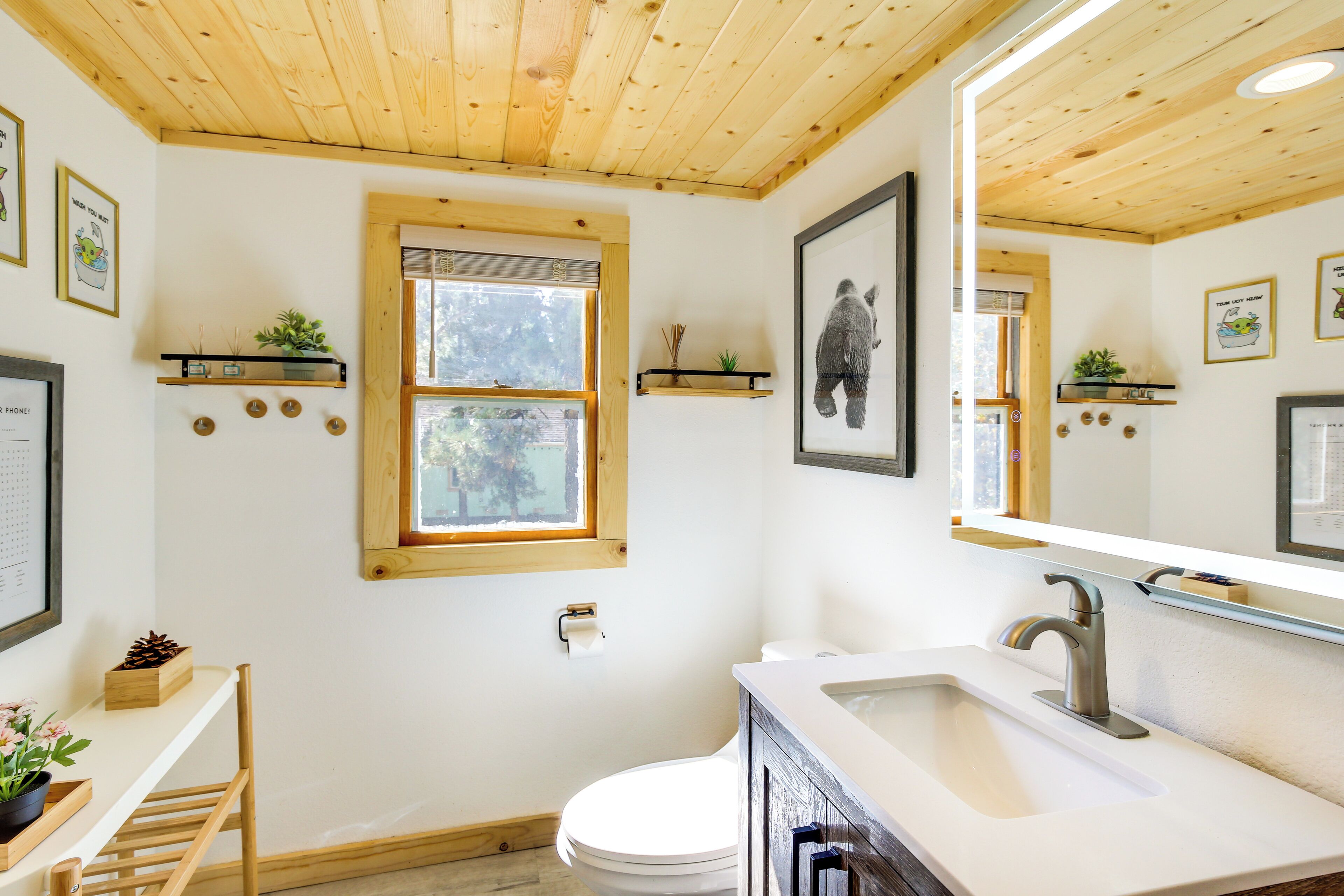 A bathroom with a wooden ceiling, a white sink, a toilet, and shelves with plants.