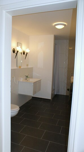 Bathroom features a white vanity, toilet, and shower area with a glass-enclosed tub.