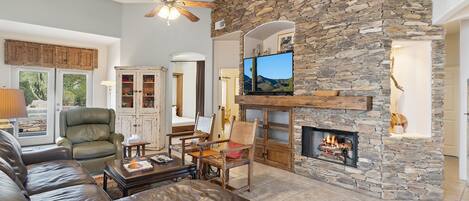 TV, fireplace, books