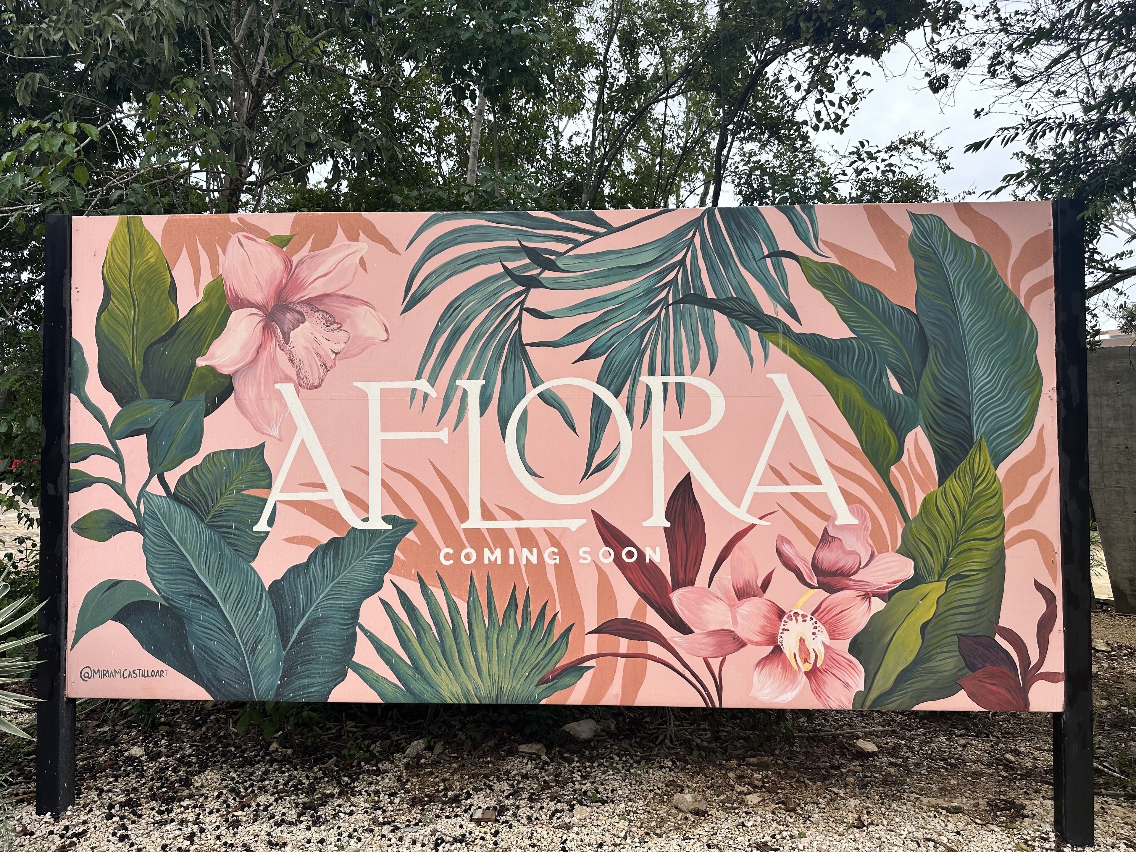 A billboard with 'AFORA COMING SOON' and floral artwork.
