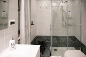 Shower, hair dryer, bidet, towels