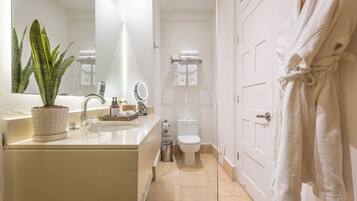 A modern bathroom with a sink, mirror, potted plant, and a toilet.