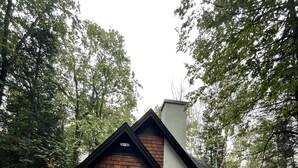 A small wooden cabin with a chimney, surrounded by trees. - Cabin on the Boardman River (Traverse City)