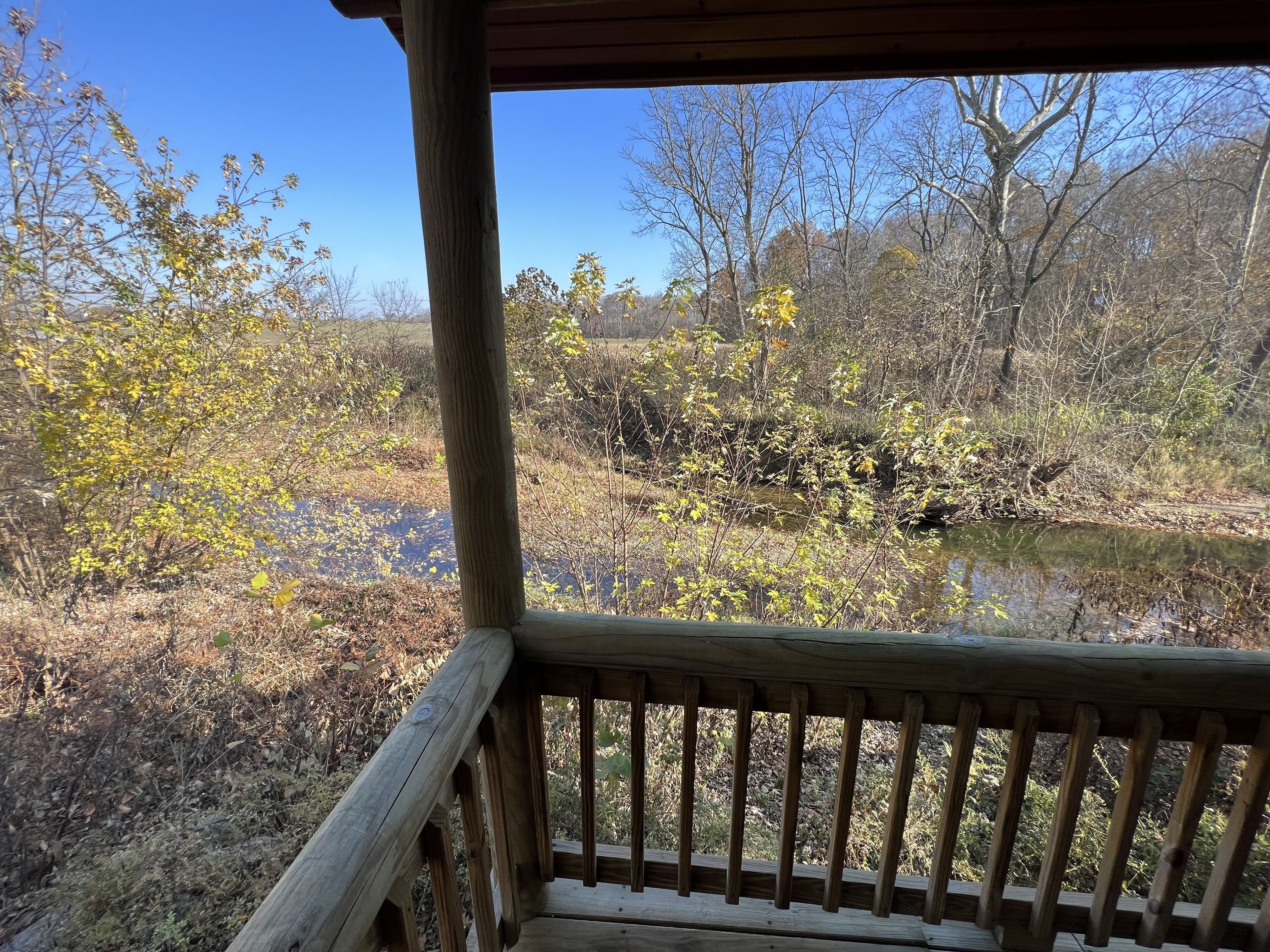A wooden deck with a railing overlooking a natural landscape with trees and a body of water.