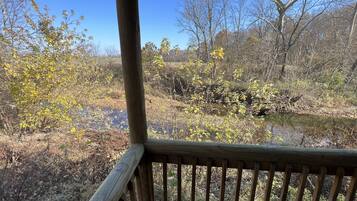 A wooden deck with a railing overlooking a natural landscape with trees and a body of water.