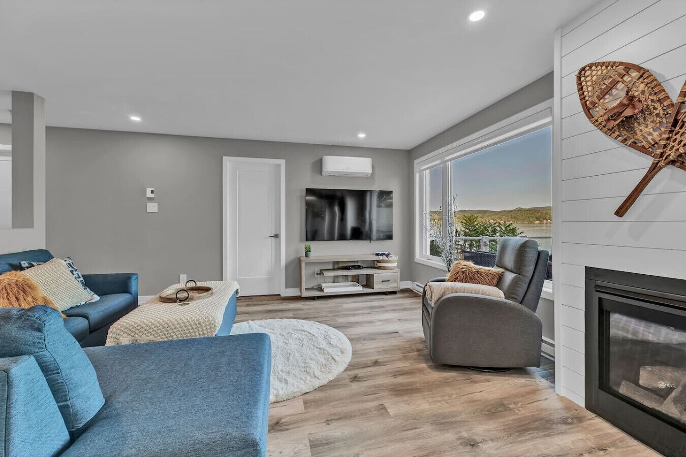 Smart TV, chimenea, libros