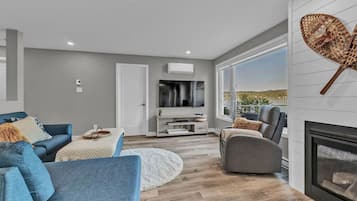Smart TV, fireplace, books