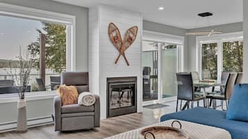 Smart TV, fireplace, books