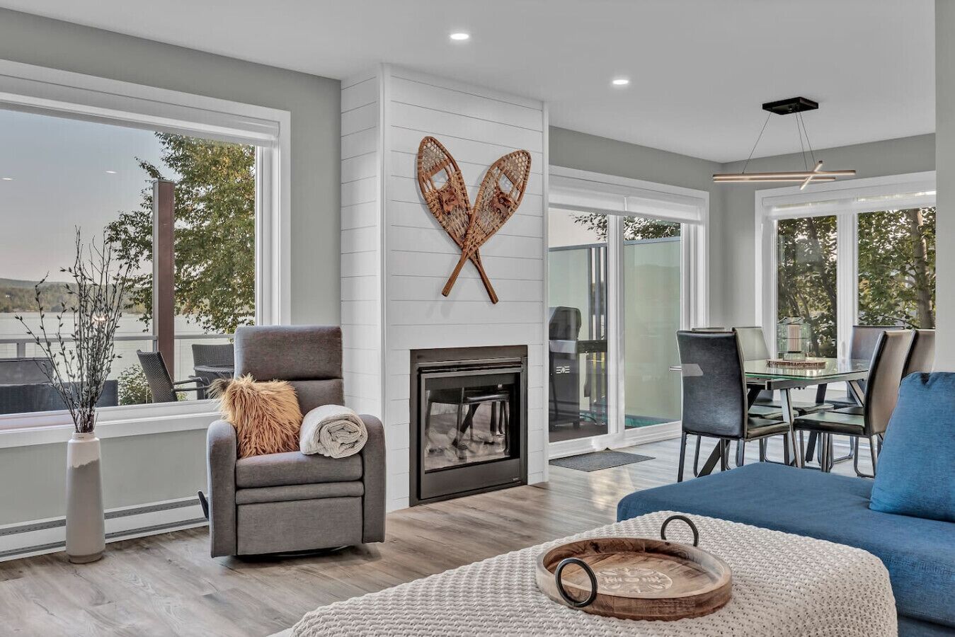 Smart TV, chimenea, libros