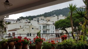 Un balcón con plantas en macetas y vistas a edificios blancos y una colina al fondo.