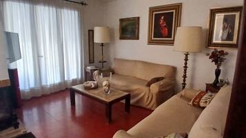 Een smart-tv, een open haard, een dvd-speler en boeken