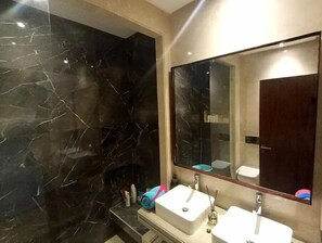 Hair dryer, towels, soap, toilet paper
