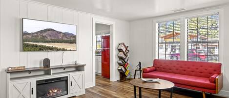 Smart TV, chimenea, libros y biblioteca musical