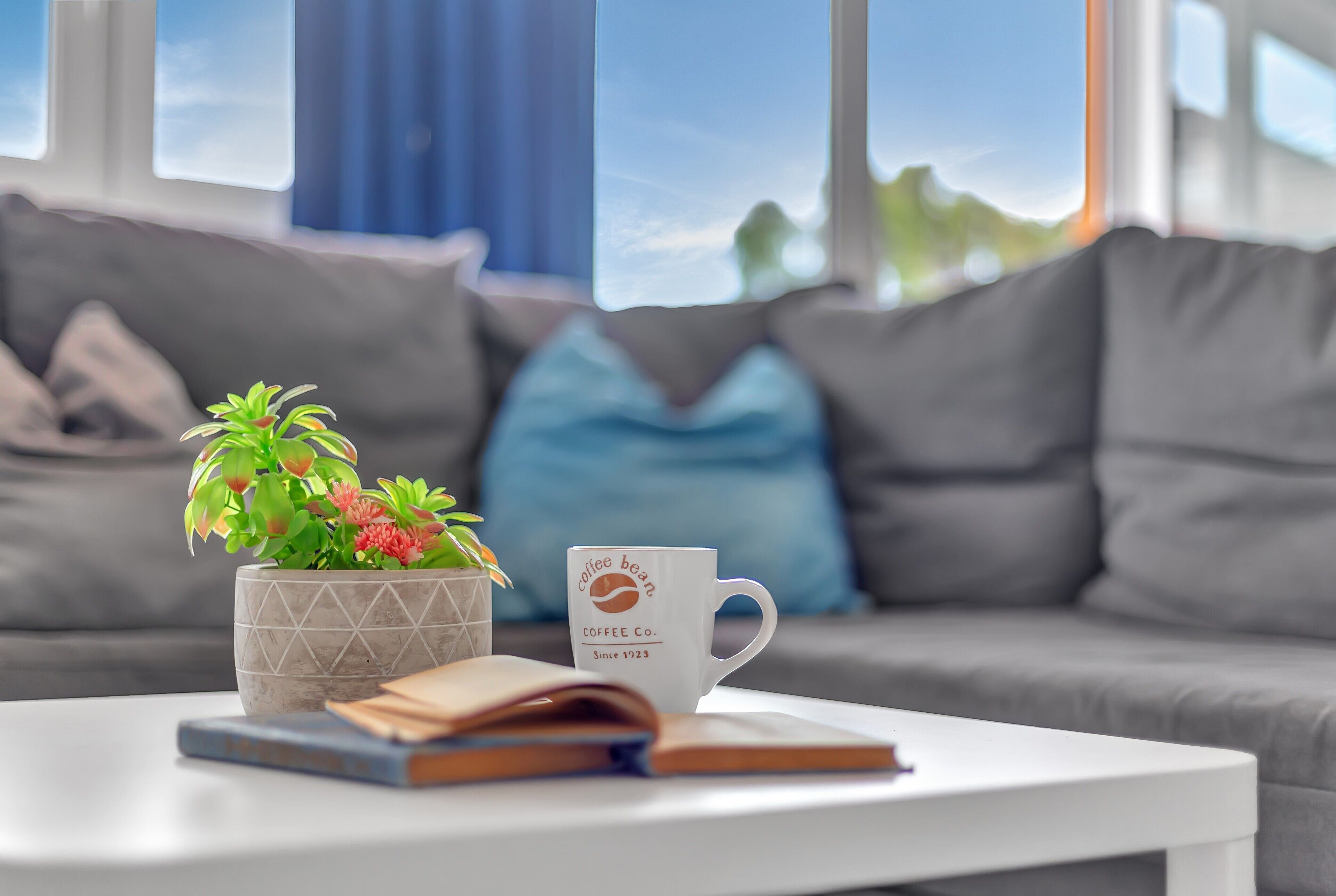 A modern living room with a white coffee table, a potted plant, a coffee mug, and an open book.